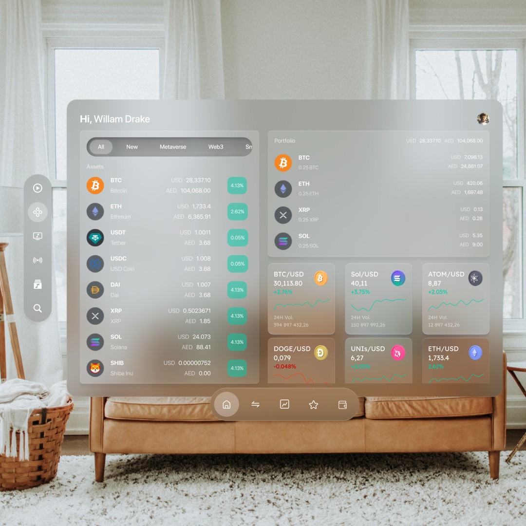 our immersive crypto wallet  Experience the future of crypto with Cryptoverse, the first spatial UI for Vision Pro crypto wallet app. With Cryptoverse, you can view and manage your crypto portfolio in a truly immersive way.